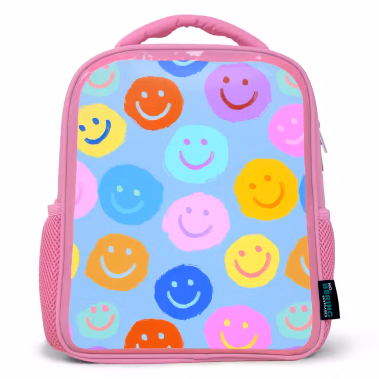 Kinderrugzak - Roze - Verfachtige smileycollage op lichtblauw β 1