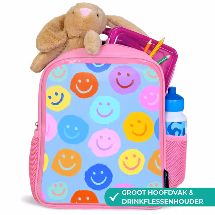 Kinderrugzak - Roze - Verfachtige smileycollage op lichtblauw β 2