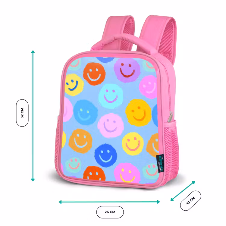 Kinderrugzak - Roze - Verfachtige smileycollage op lichtblauw β 3