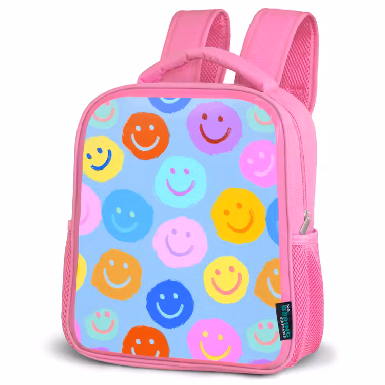 Kinderrugzak - Roze - Verfachtige smileycollage op lichtblauw β 4