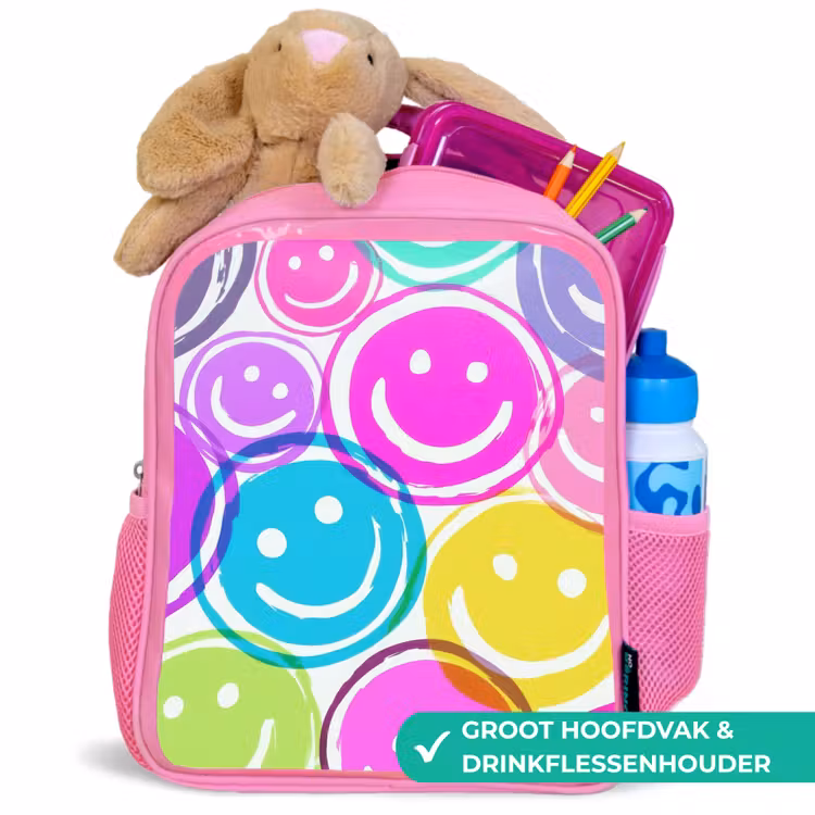 Kinderrugzak - Roze - Kleurrijke glimlachexplosie op wit canvas — 2