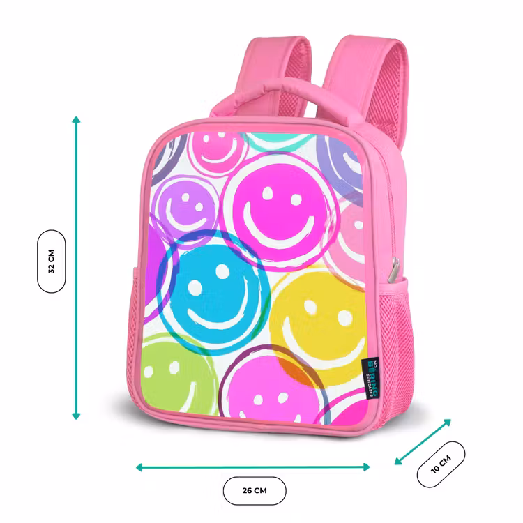 Kinderrugzak - Roze - Kleurrijke glimlachexplosie op wit canvas — 3