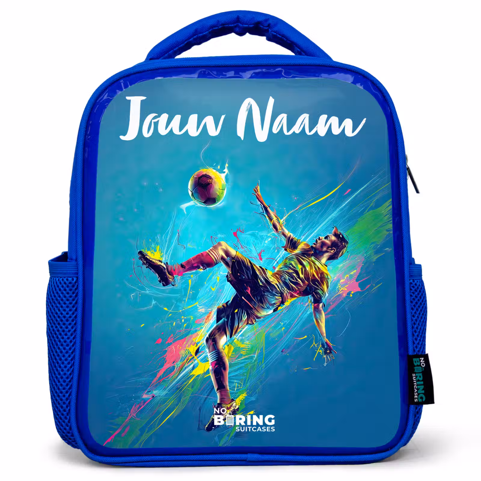 Kinderrugzak met naam - Blauw - Neon - Voetbal - Schop - Kleurrijk — 1