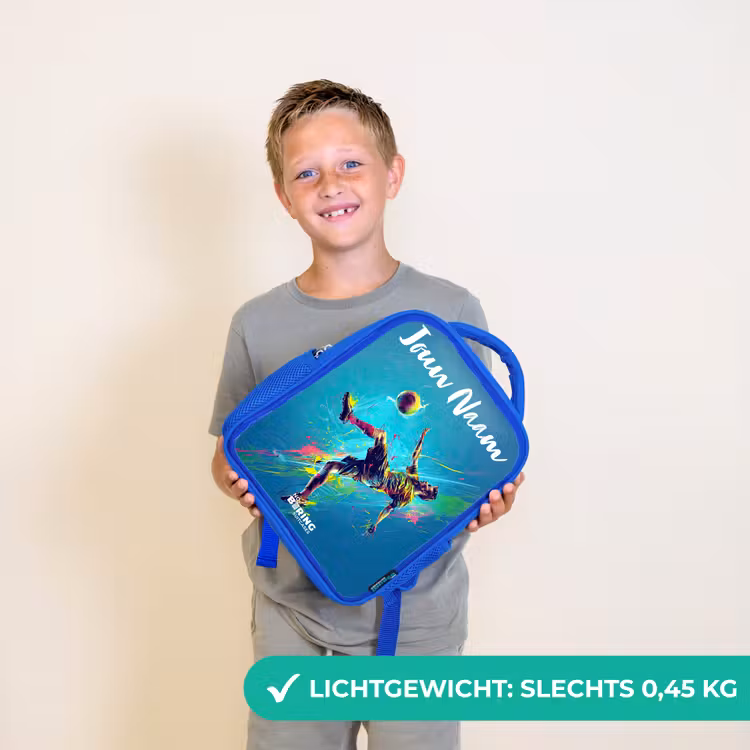 Kinderrugzak met naam - Blauw - Neon - Voetbal - Schop - Kleurrijk — 2