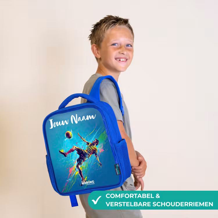 Kinderrugzak met naam - Blauw - Neon - Voetbal - Schop - Kleurrijk — 4