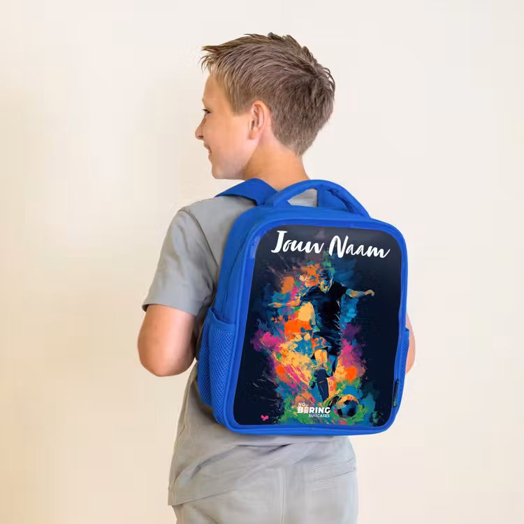 Kinderrugzak met naam - Blauw - Neon - Voetballer - Kleurrijk — 3