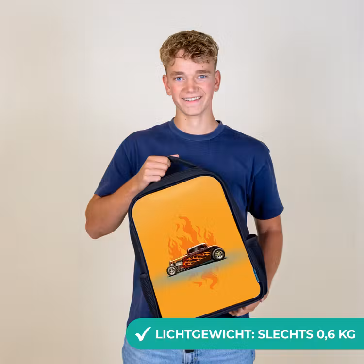 Kinderrugzak - Zwart - Bruine auto met gele vlammen — 2