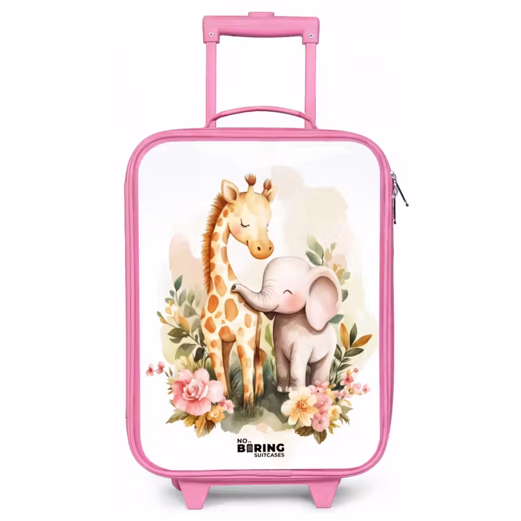 Kinderkoffer - Roze - Giraffe en olifant tussen bloemen op witte achtergrond — 1