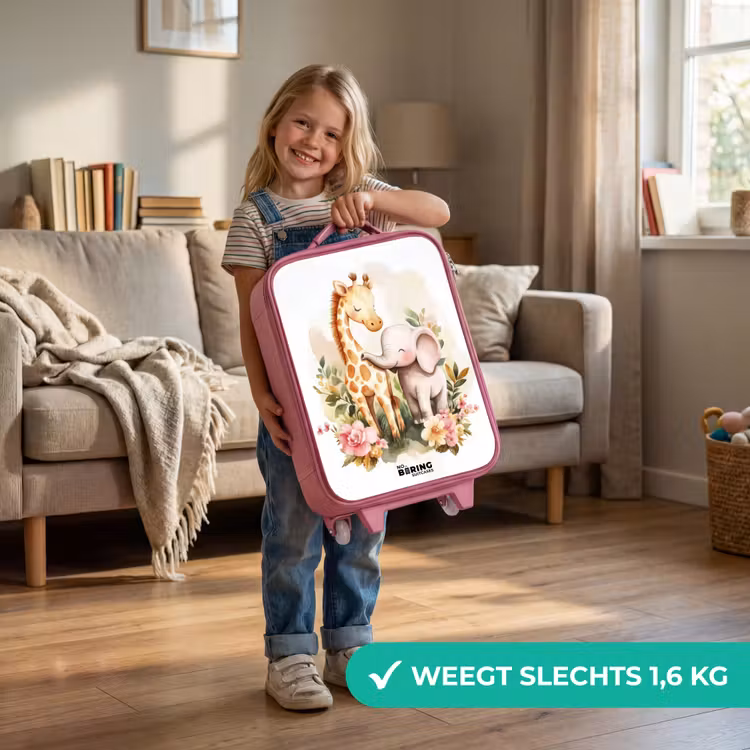 Kinderkoffer - Roze - Giraffe en olifant tussen bloemen op witte achtergrond — 2