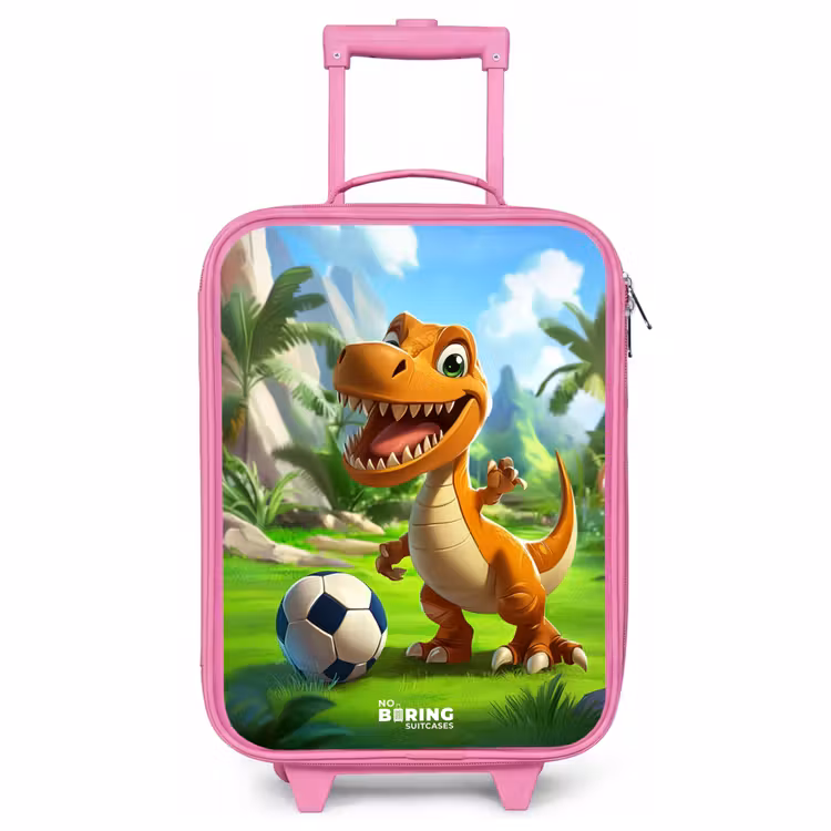 Kinderkoffer - Roze - Dino met een voetbal in groen landschap — 1