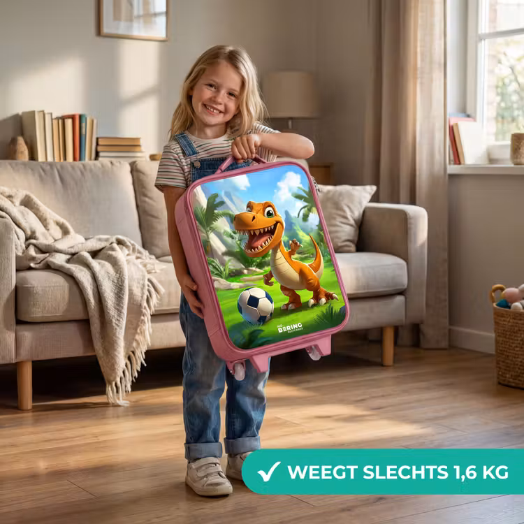 Kinderkoffer - Roze - Dino met een voetbal in groen landschap — 2