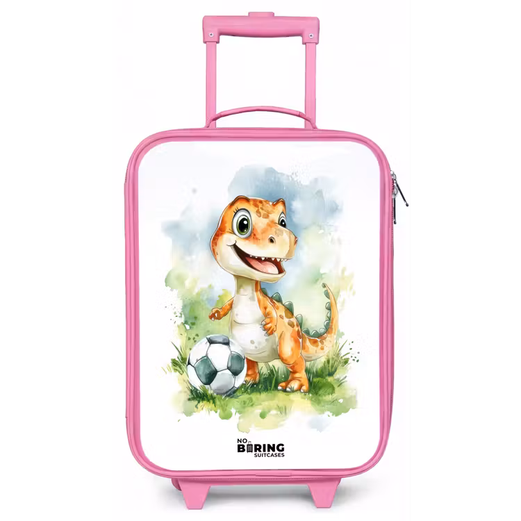 Kinderkoffer - Roze - Dino met voetbal in kleurrijk veld — 1
