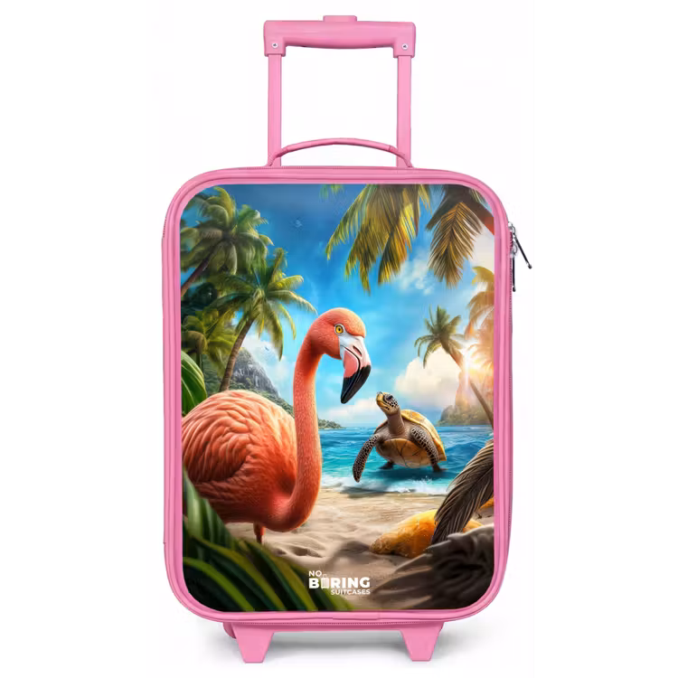 Kinderkoffer - Roze - Flamingo en schildpad op tropisch strand — 1