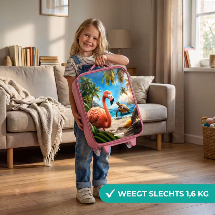Kinderkoffer - Roze - Flamingo en schildpad op tropisch strand — 2