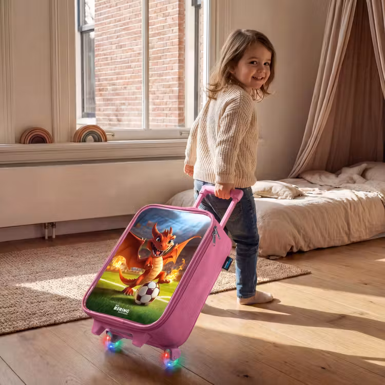 Kinderkoffer - Roze - Rode draak voetbalt in zonnig stadion — 3
