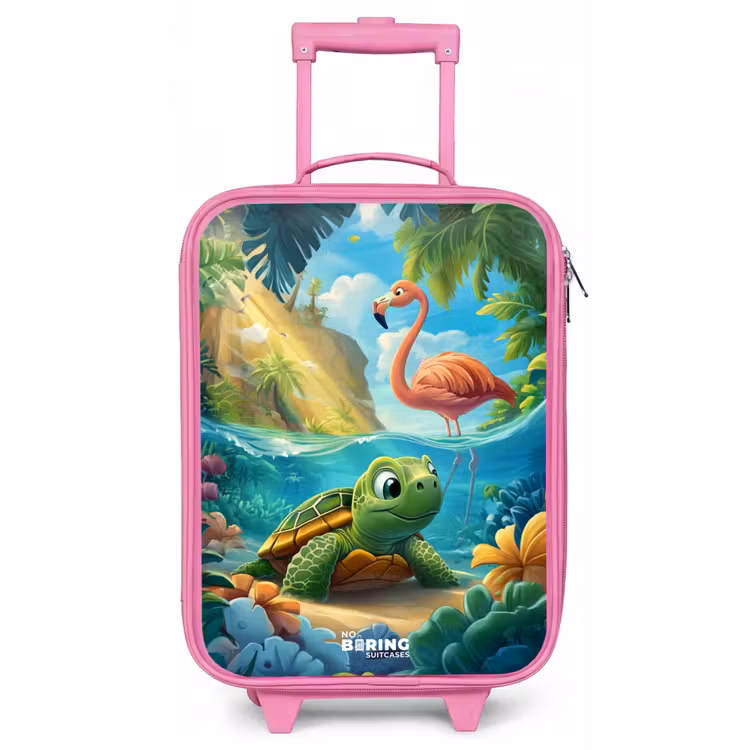 Kinderkoffer - Roze - Schildpad in tropisch water met flamingo — 1
