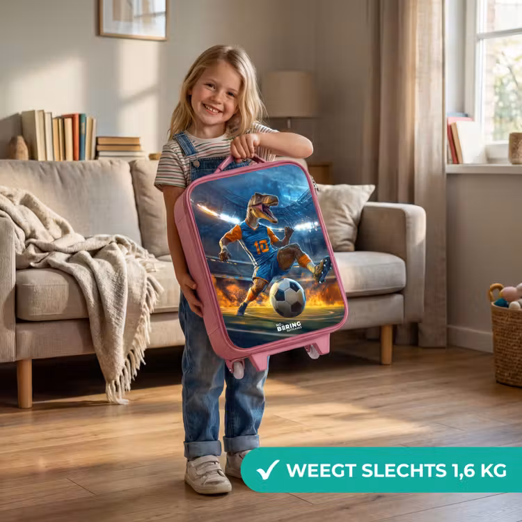 Kinderkoffer - Roze - T-Rex als voetballer in vol stadion — 2