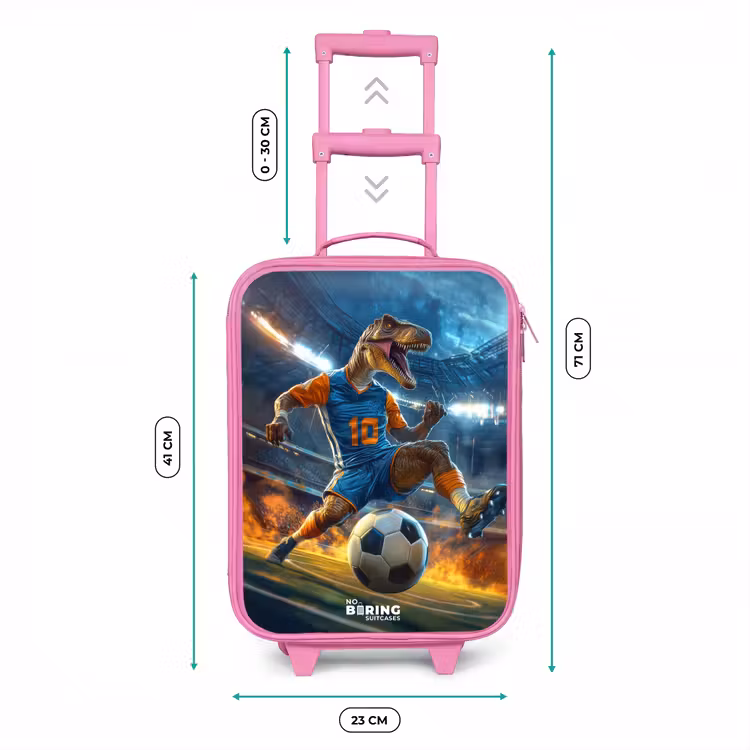 Kinderkoffer - Roze - T-Rex als voetballer in vol stadion — 5
