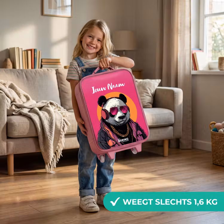 Kinderkoffer met naam - Roze - Panda met Koptelefoon, Zonnebril en Gouden Ketting — 2