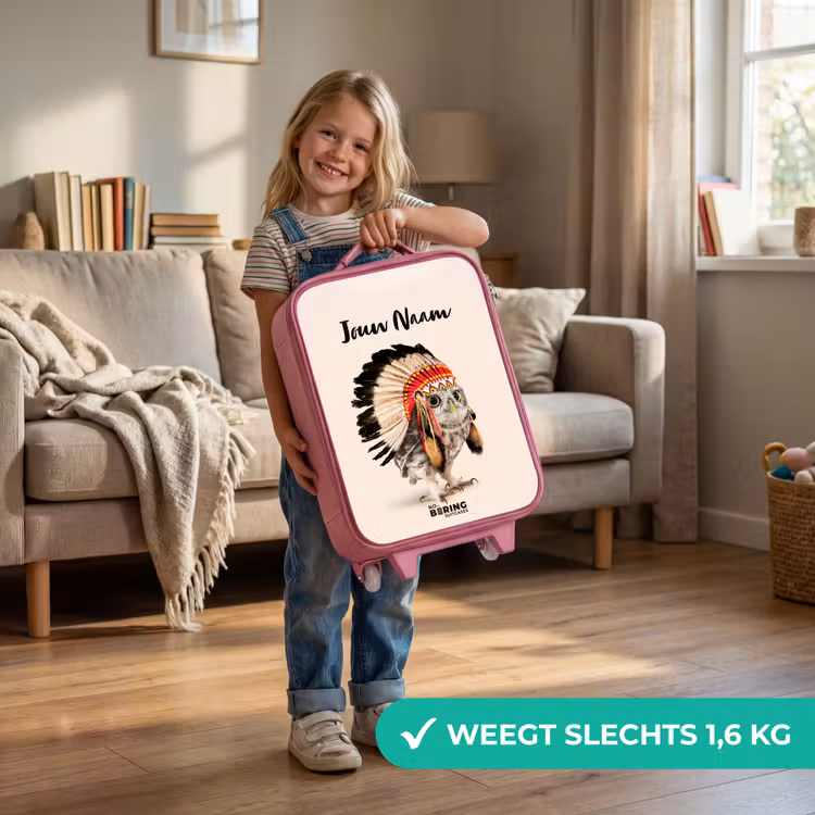 Kinderkoffer met naam - Roze - Uil als Indiaan — 2