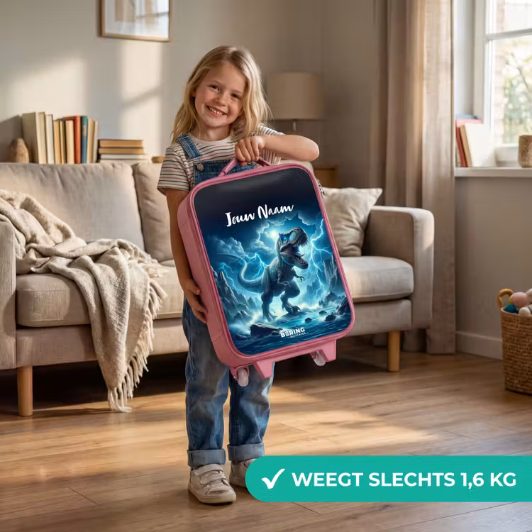 Kinderkoffer met naam - Roze - Donderslagdino — 2