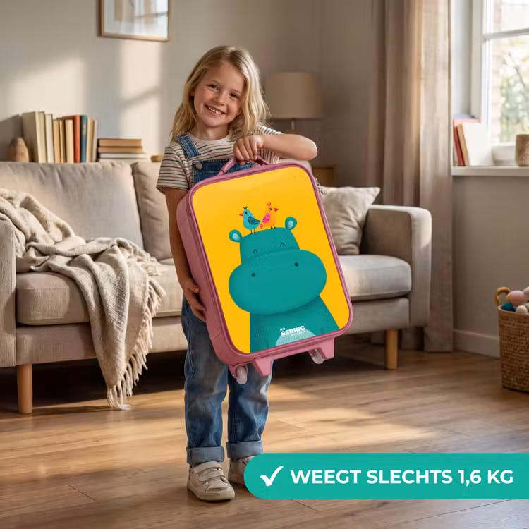 Kinderkoffer - Roze - Nijlpaard - Vogels - Geel — 2