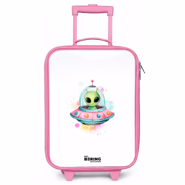 Kinderkoffer - Roze - Groene alien in kleurrijke UFO — 1