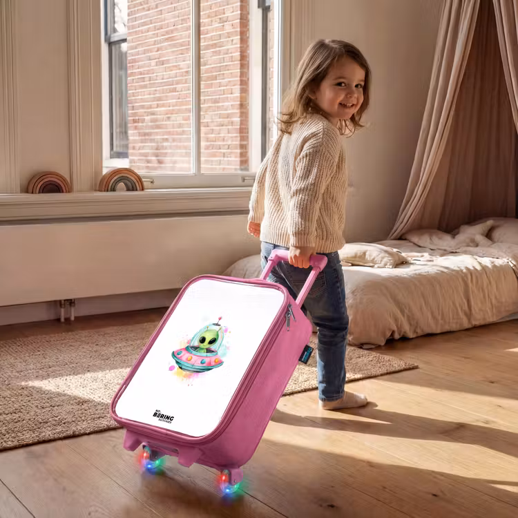 Kinderkoffer - Roze - Groene alien in kleurrijke UFO — 3
