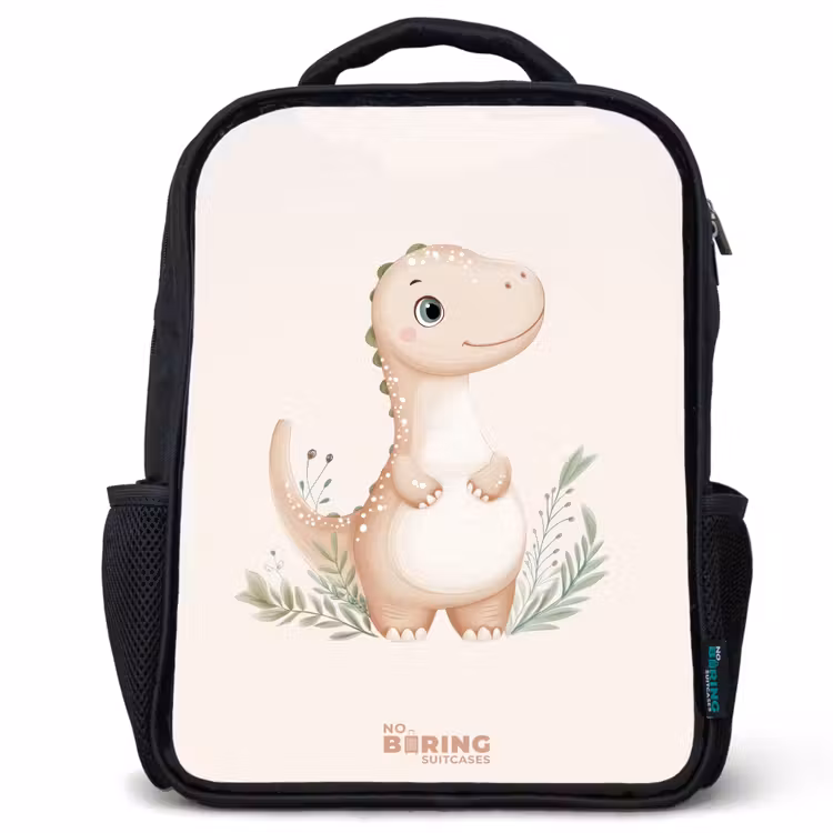 Kinderrugzak met naam - Zwart - Beige dinosaurus met groene blaadjes β 1