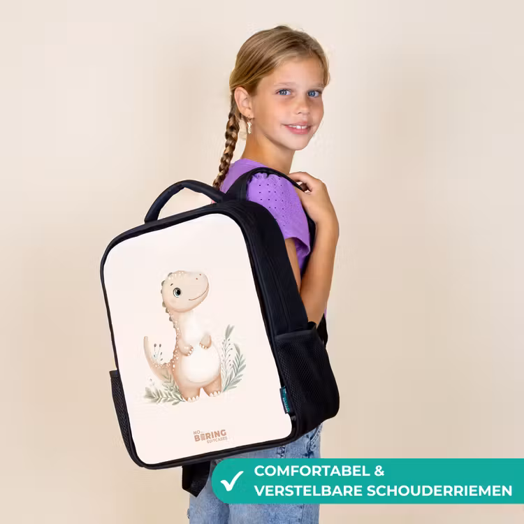 Kinderrugzak met naam - Zwart - Beige dinosaurus met groene blaadjes β 3