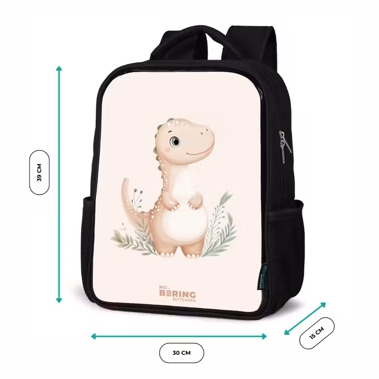 Kinderrugzak met naam - Zwart - Beige dinosaurus met groene blaadjes β 5