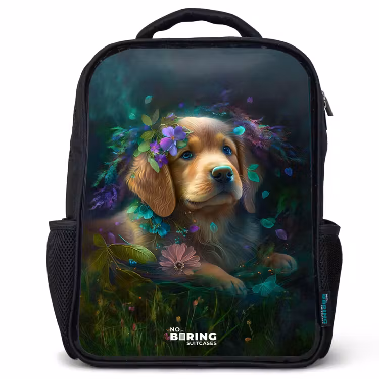 Kinderrugzak met naam - Zwart - Bruine hond tussen de bloemen — 1