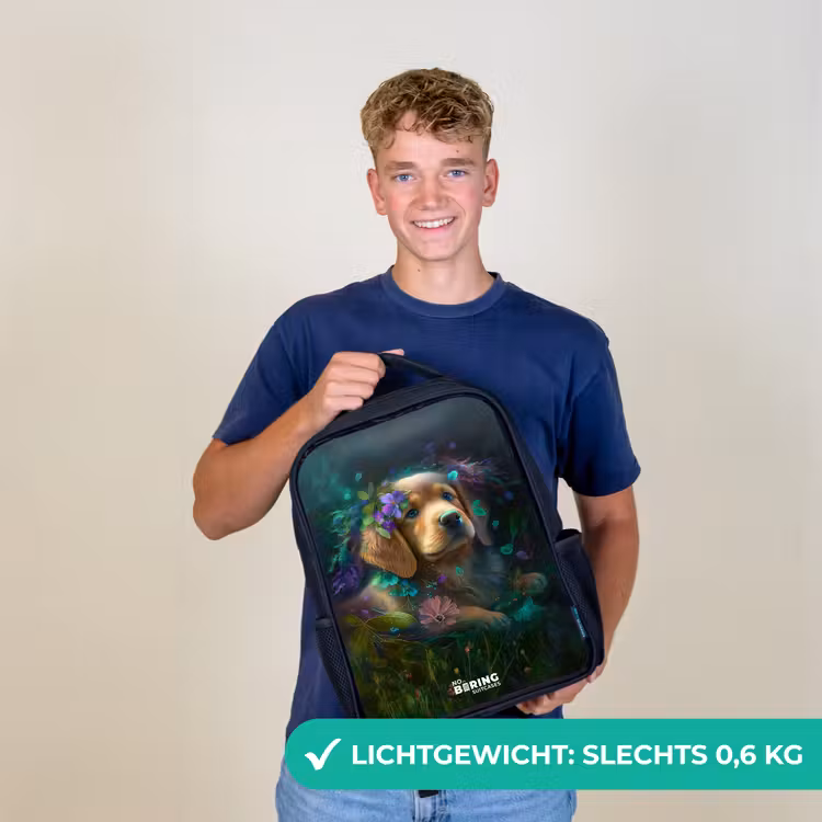 Kinderrugzak met naam - Zwart - Bruine hond tussen de bloemen — 2