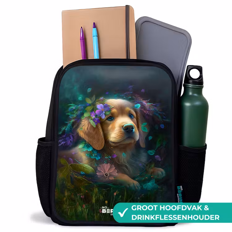 Kinderrugzak met naam - Zwart - Bruine hond tussen de bloemen — 4