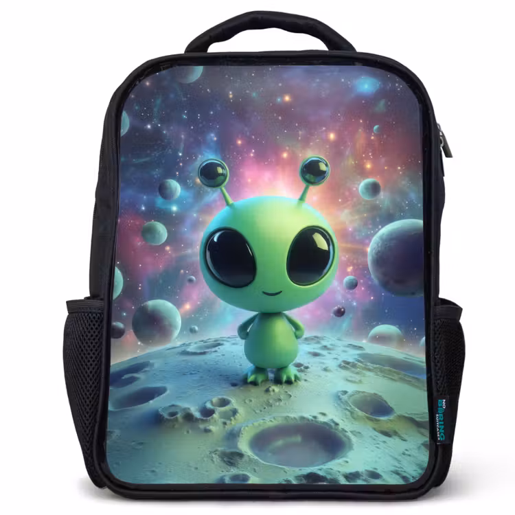 Kinderrugzak - Zwart - Groen alienfiguurtje op maanlandschap met kosmische achtergrond β 1