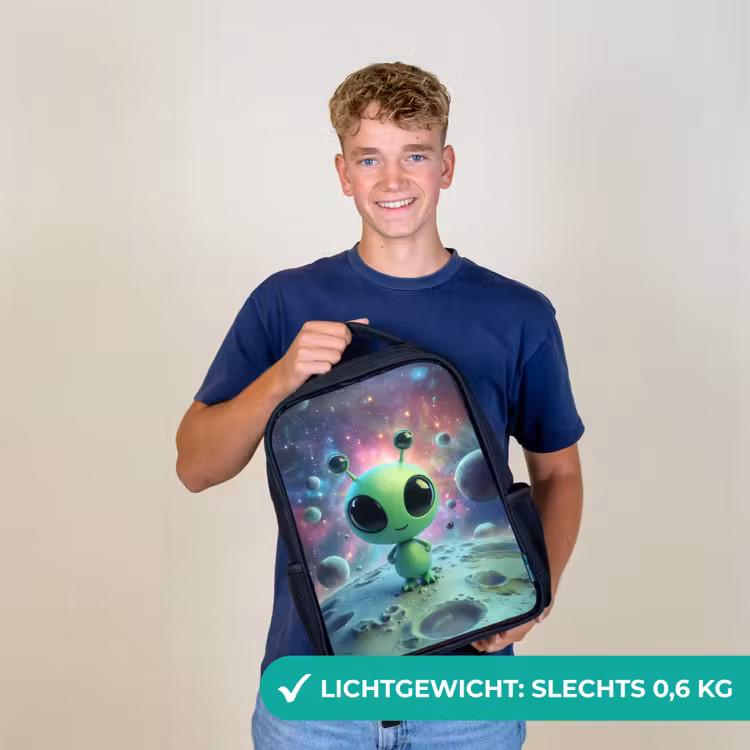 Kinderrugzak - Zwart - Groen alienfiguurtje op maanlandschap met kosmische achtergrond β 2