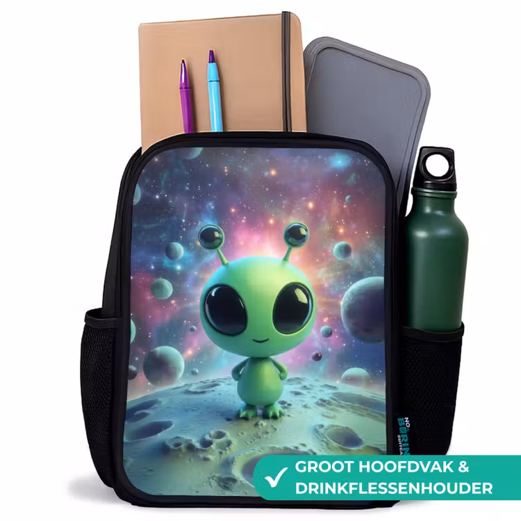 Kinderrugzak - Zwart - Groen alienfiguurtje op maanlandschap met kosmische achtergrond β 4