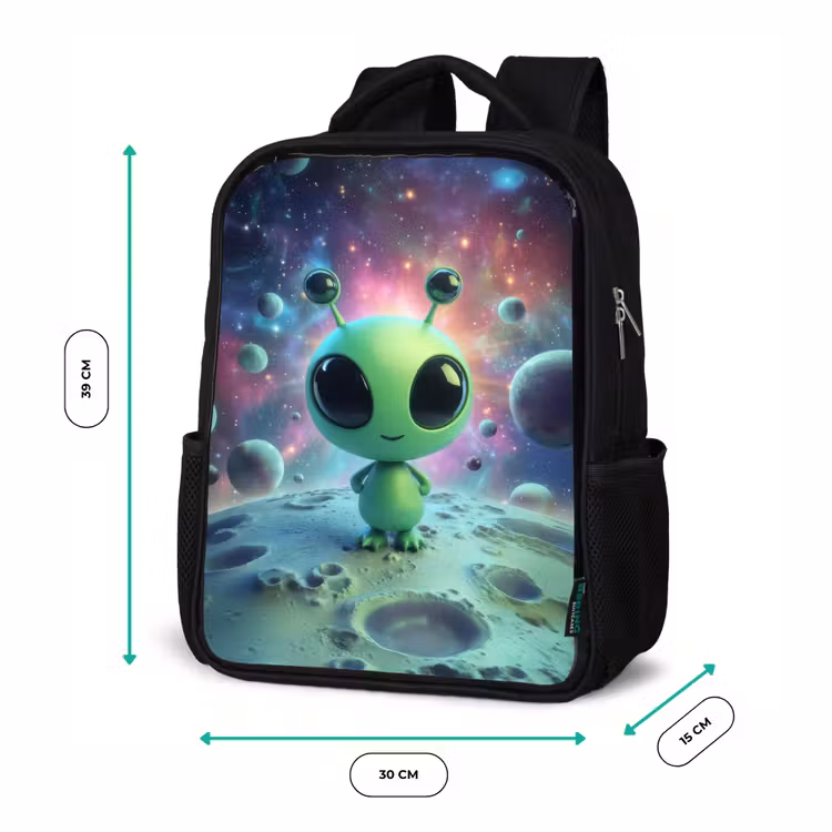 Kinderrugzak - Zwart - Groen alienfiguurtje op maanlandschap met kosmische achtergrond β 5