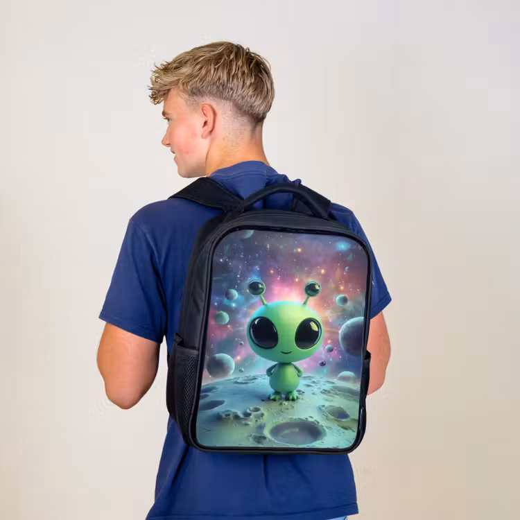 Kinderrugzak - Zwart - Groen alienfiguurtje op maanlandschap met kosmische achtergrond β 6