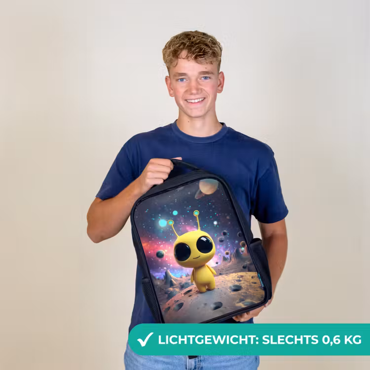 Kinderrugzak - Zwart - Gele ruimtewezentje met grote ogen op een kratermaan — 2