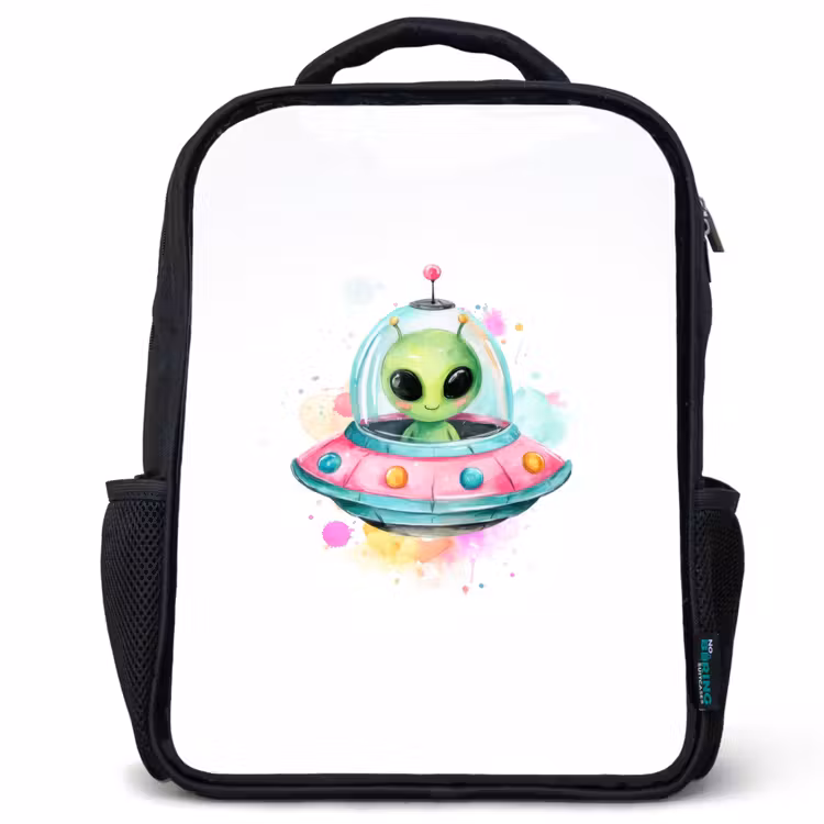 Kinderrugzak - Zwart - Vrolijke alien in kleurrijke vliegende schotel met aquarelspatten — 1