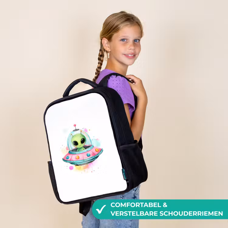 Kinderrugzak - Zwart - Vrolijke alien in kleurrijke vliegende schotel met aquarelspatten — 3