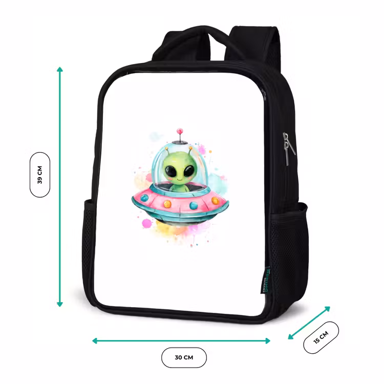 Kinderrugzak - Zwart - Vrolijke alien in kleurrijke vliegende schotel met aquarelspatten — 5
