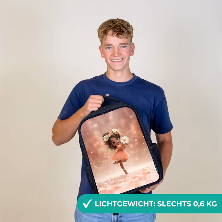 Kinderrugzak - Zwart - Bloemenfee met madeliefjes in een roze bloesemdroom â 2
