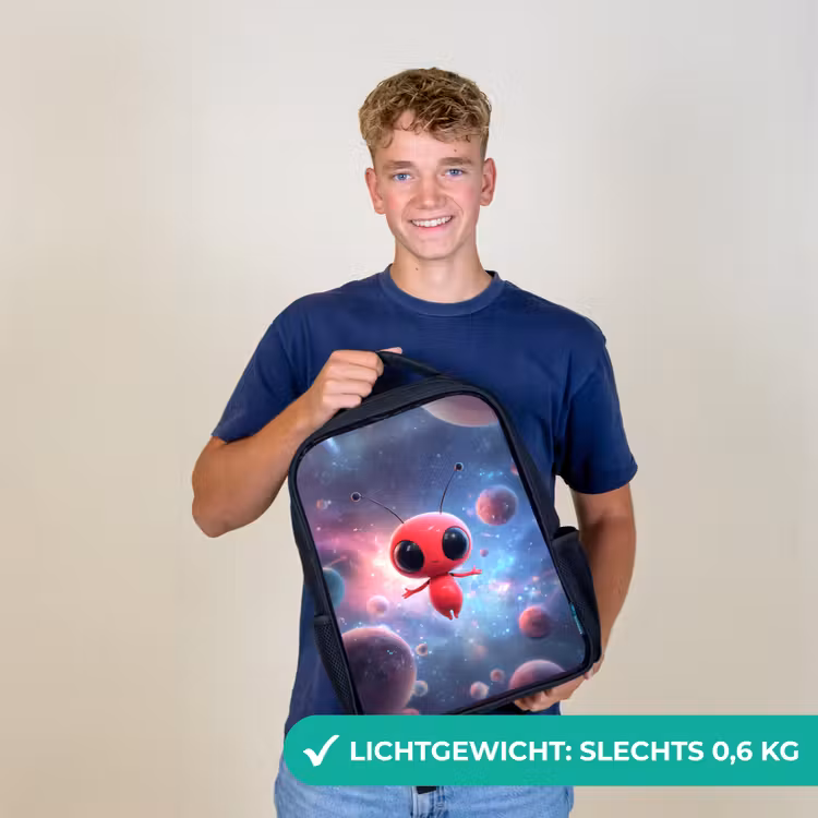 Kinderrugzak - Zwart - Rood buitenaards wezentje zwevend in kleurrijke kosmos β 2