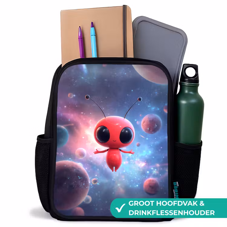 Kinderrugzak - Zwart - Rood buitenaards wezentje zwevend in kleurrijke kosmos β 4
