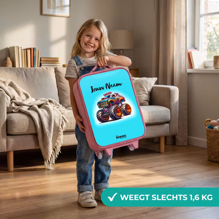 Kinderkoffer - Roze - Monstertruck op Lichtblauwe Achtergrond — 2