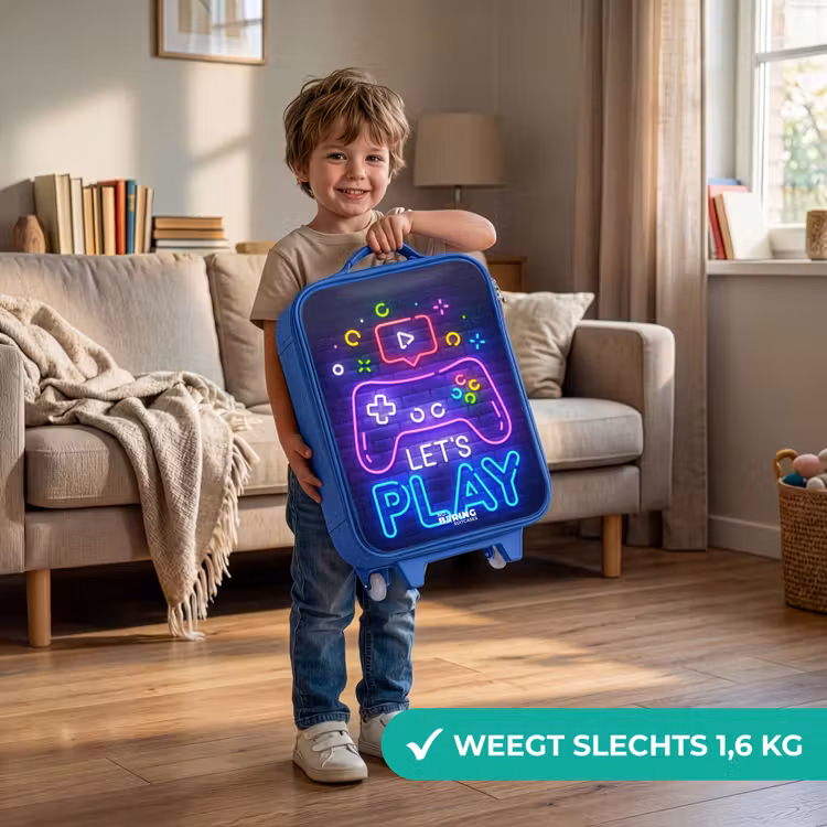 Kinderkoffer - Blauw - Neoncontroller tegen een bakstenen muur — 2