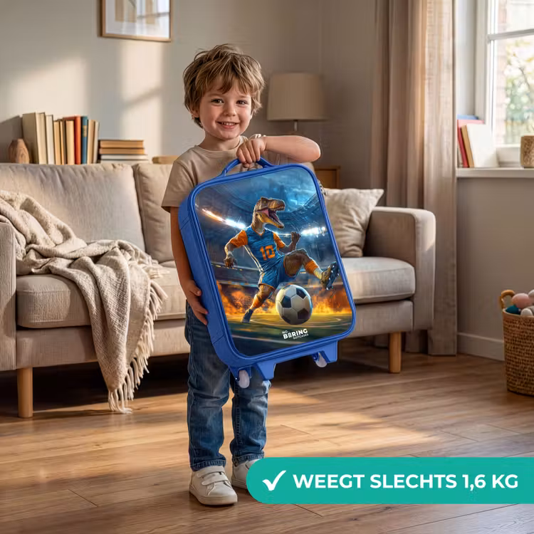 Kinderkoffer - Blauw - T-Rex als voetballer in vol stadion — 2