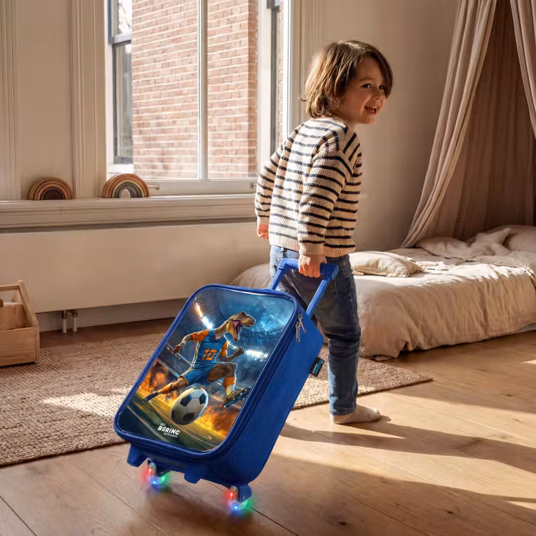 Kinderkoffer - Blauw - T-Rex als voetballer in vol stadion — 3